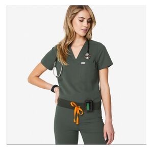 Figs Olive Scrub Set with Orange Accent